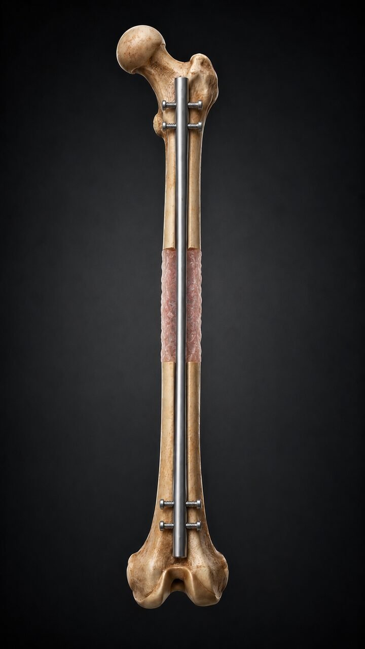 Illustration of a femur mid-distraction, new bone forming in the gap