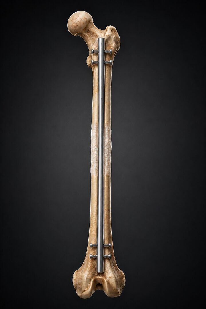 Illustration of a femur in consolidation, new bone hardening